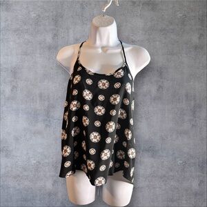 Mudd Black Tank Top with White and Orange Floral Patterns & Strappy Racerback M